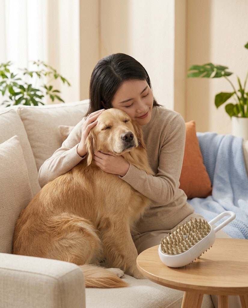 Abrazo a un perro junto al cepillo blanco sobre la mesa