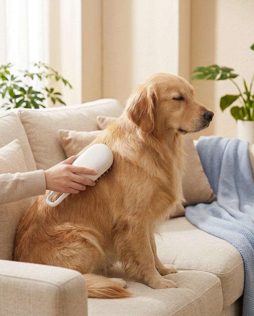 Cepillado a un golden retriever con el cepillo blanco