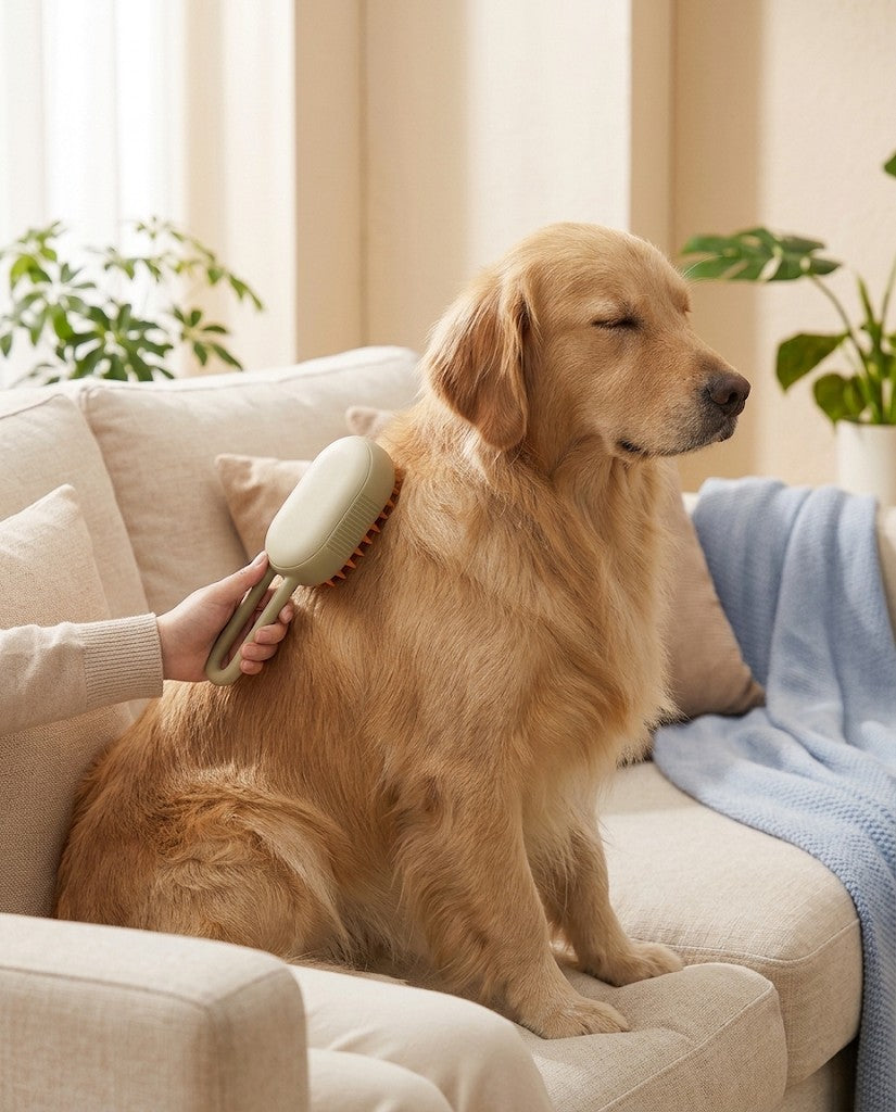 Cepillado a un golden retriever con el cepillo café