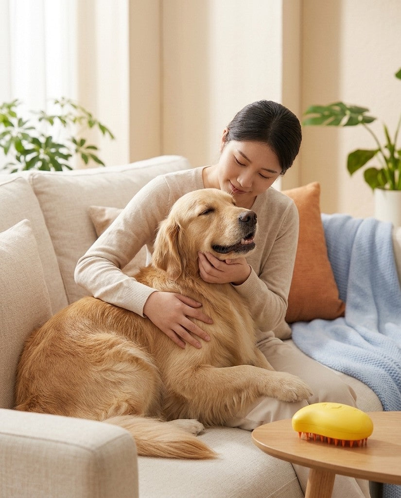 Abrazo a un perro junto al cepillo amarillo sobre la mesa