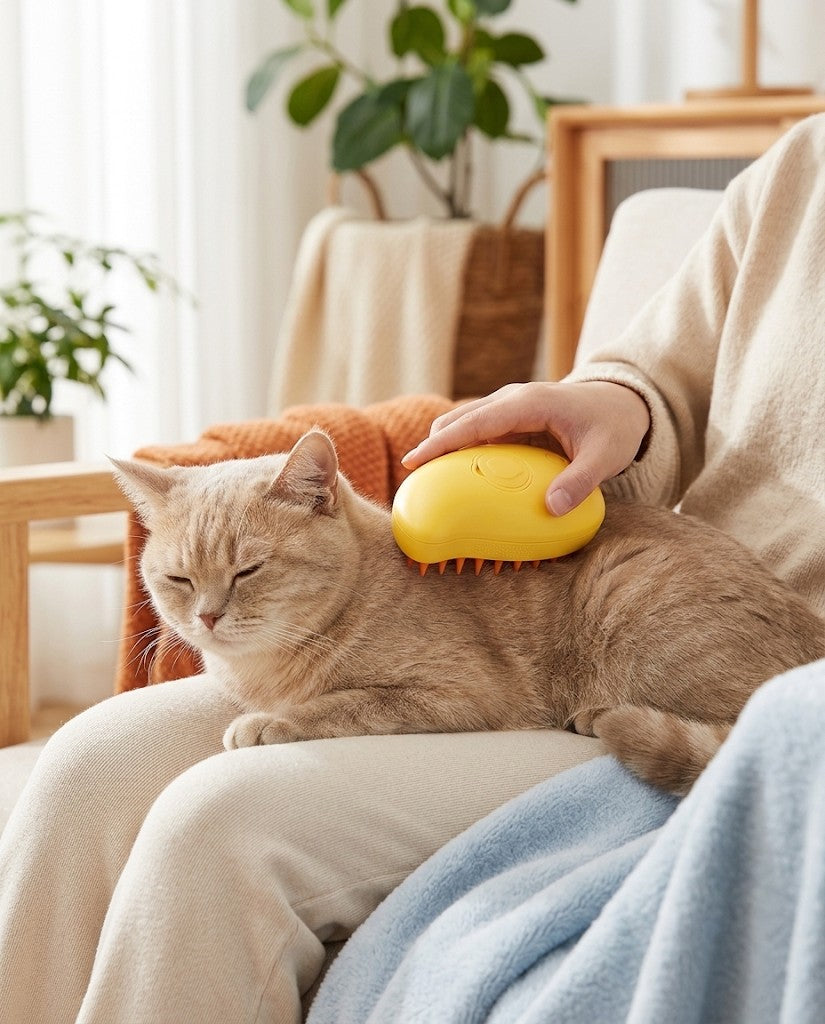 Cepillado a un gato con el cepillo amarillo