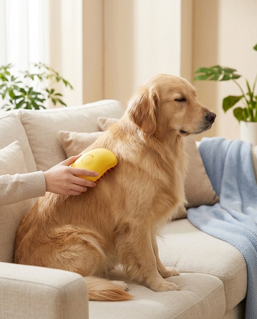 Cepillado a un golden retriever con el cepillo amarillo