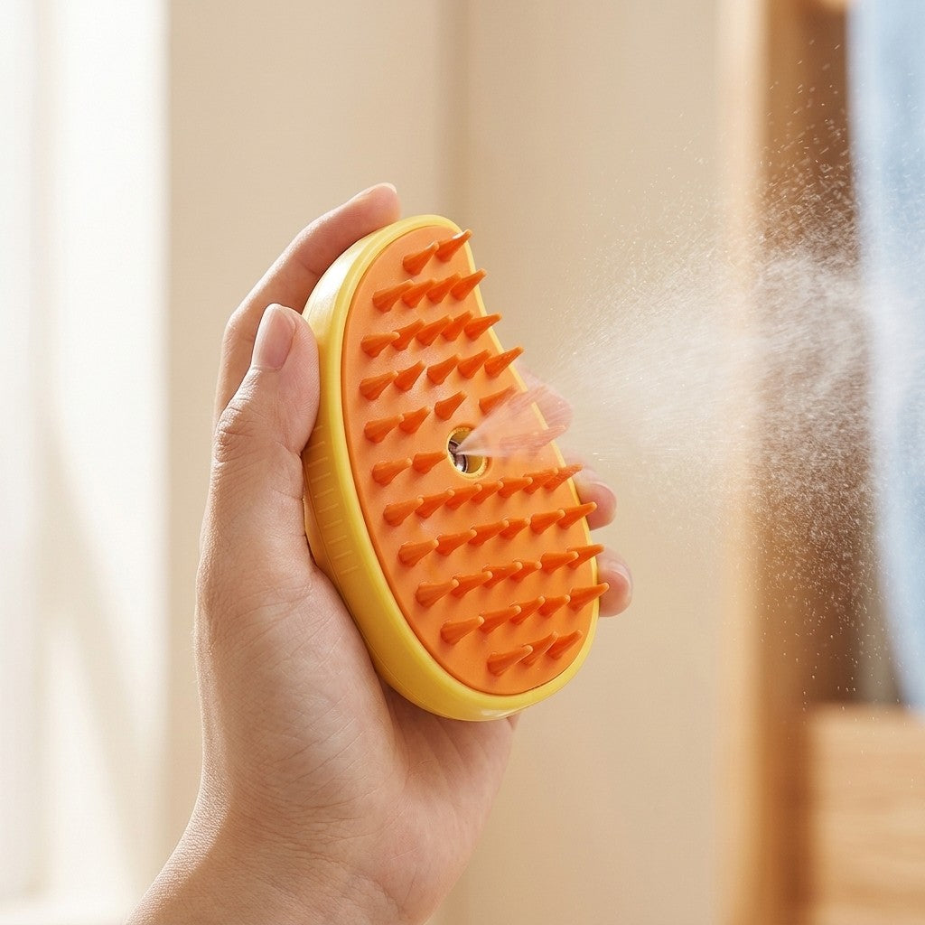Cepillo de vapor 3 en 1 amarillo lanzando bruma de agua