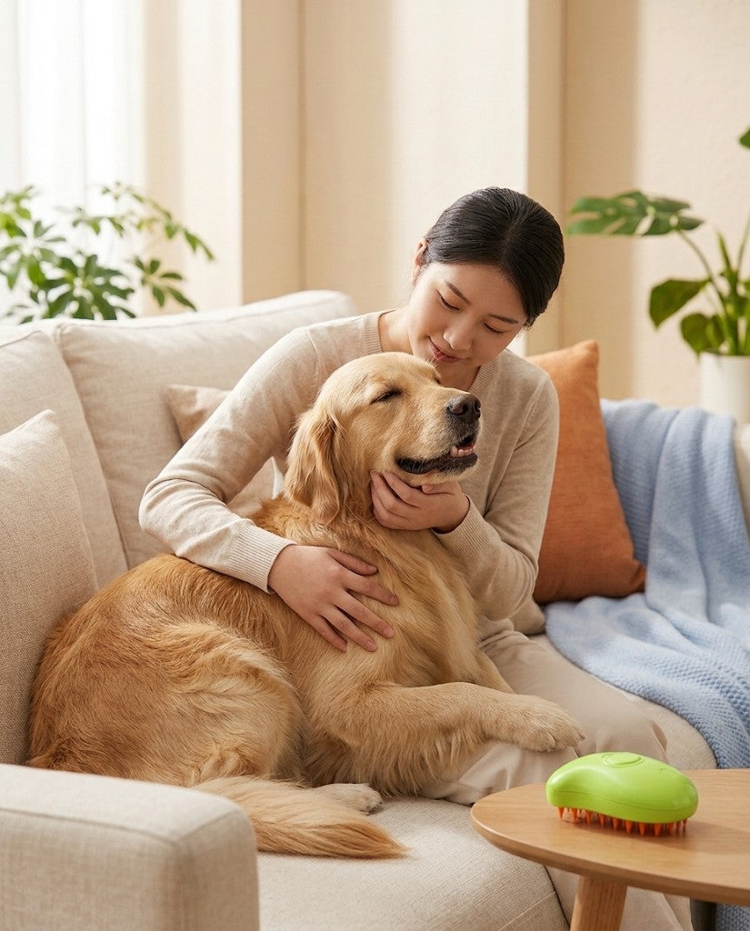 Abrazo a un perro junto al cepillo verde sobre la mesa