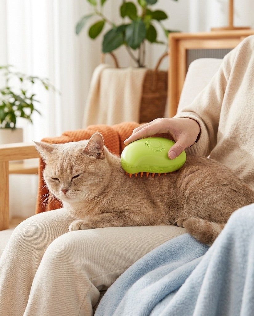 Cepillado a un gato con el cepillo verde