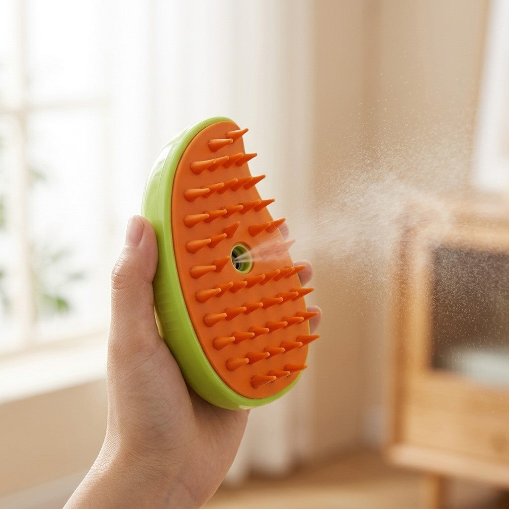 Cepillo de vapor 3 en 1 verde lanzando bruma de agua